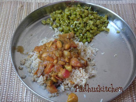 kara kulambu, beans poriyal and brown rice-Lunch menu