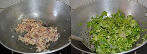 sauteing onions and methi leaves