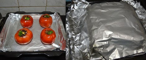 Quinoa stuffed tomatoes ready to be baked 