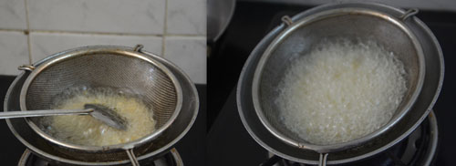 frying dal using a strainer 